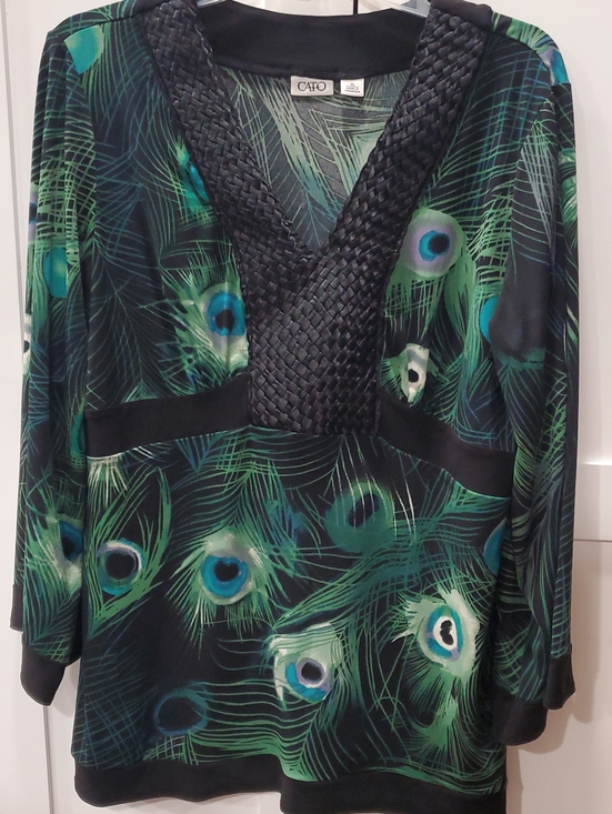 Cato Tops - Cato Black and Green Peacock-Print V-Neck Tunic